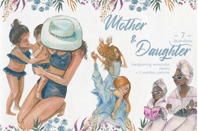 Mother and Daughter Clipart Watercolor Illustration