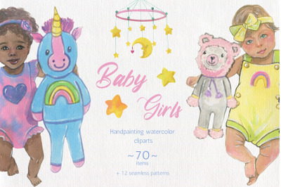 Baby Girls Clipart, Watercolor Illustrations, Seamless patterns