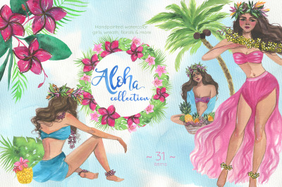 Aloha Clipart, Watercolor Tropical Design, Hawaiian Style
