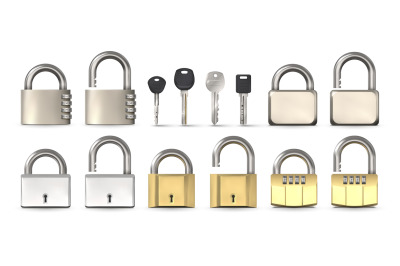 Open and closed metallic, gold and chrome code padlocks. Realistic loc