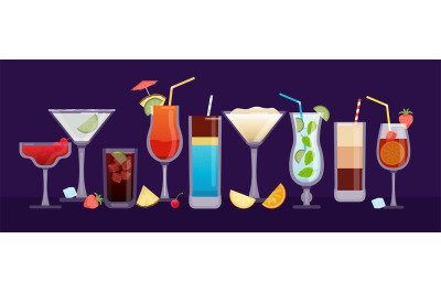 Alcohol cocktails banner with drinks in glasses, fruit and ice cubes.