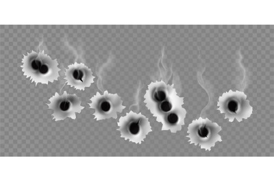 Metal holes from gun bullet shots with smoke effect. Realistic gunshot