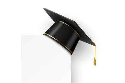 Black graduation cap with golden tassel hanging on corner. Realistic 3