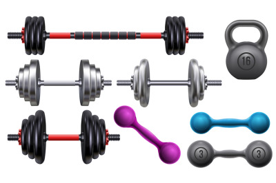 Realistic gym workout equipment, barbell, dumbbells and kettlebell. Fi