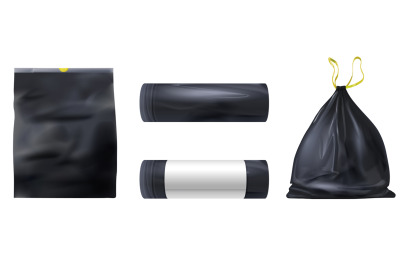 Realistic black plastic garbage bags full of trash and empty. Waste ba