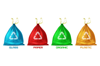 Realistic colorful trash bags for separate waste and recycle. Plastic