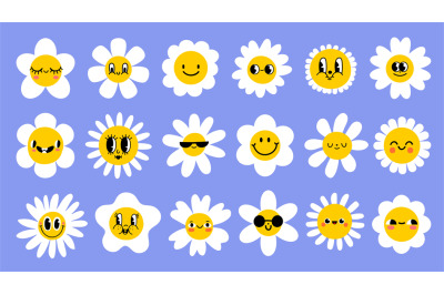 Daisy flowers with cartoon funny smiling faces, chamomile characters.