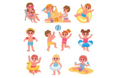 Children play ball at beach, swim and make sand castle. Cartoon kids c