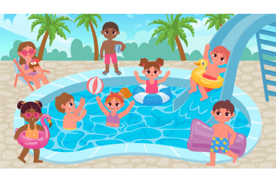 Cartoon children at pool party, swimming, playing and sunbathing. Kid