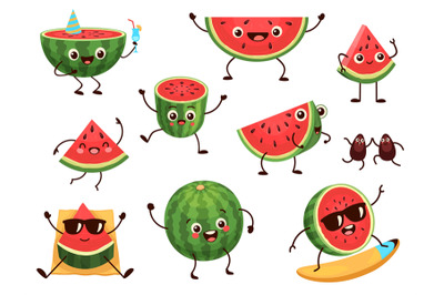 Funny watermelon slices characters with cartoon smile faces. Cute frui