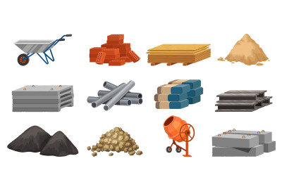 Cartoon building materials, slabs, bricks, metal pipes and piles. Cons