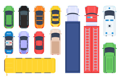 Flat public transport&2C; trucks and cars aerial top view. School bus&2C; po