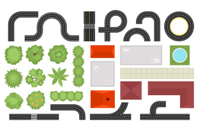 Street map top view, houses, roads and trees. City landscape plan elem