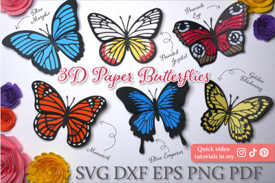 3d Layered butterfly SVG bundle | 6 realistic paper butterflies