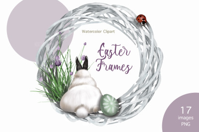 Watercolor Easter Rabbit Frame, Bunny and eggs, cute flower clipart co