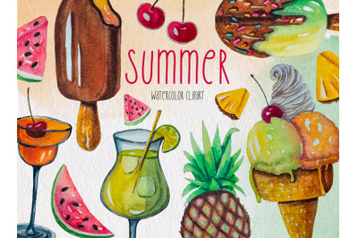 Fruity watercolor summer clipart with ice cream