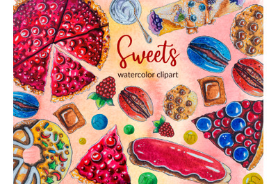 Sweets watercolor hand-painted clipart Donuts watercolor