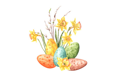 Easter eggs watercolor illustration. Daffodils, willow branches.