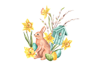 Easter bunny watercolor illustration. Happy Easter! Daffodils, eggs