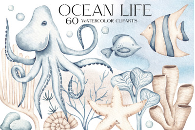 Watercolor Clipart Ocean life