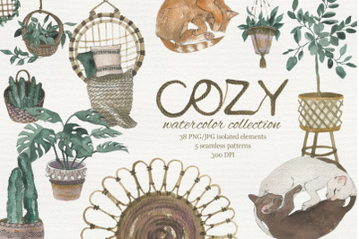 Cozy home collection. Hand drawing watercolor illustration.