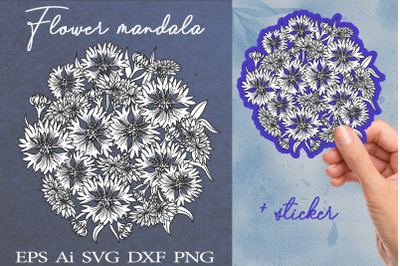 Mandala Cornflowers + sticker. SVG