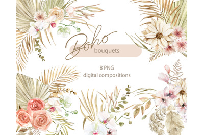 Watercolor boho dried bouquets clipart. Pampass, orchid, Tropical