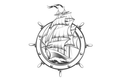Sail Ship Inside Ship Wheel Engraving Tattoo