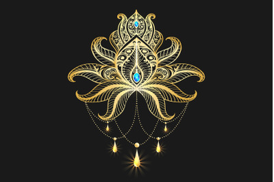 Golden Lotus Flower Mandala on Black Background