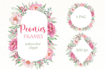 Peonies frame Png Bundle| Watercolor floral frames clipart