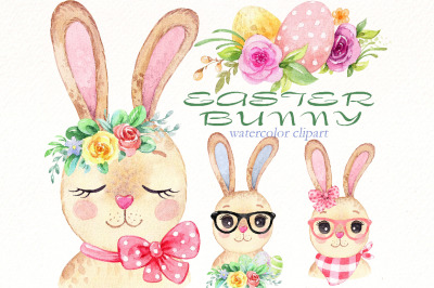 Easter Bunny watercolor clipart bundle | Rabbit illustration png