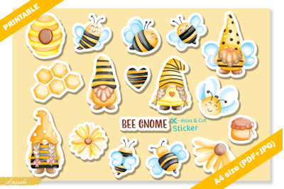 Cute Bee Gnome watercolor Printable Sticker