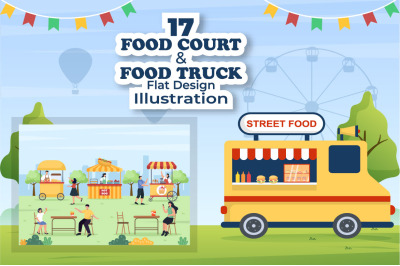 17 Food Court and Food Truck Flat Design Illustration