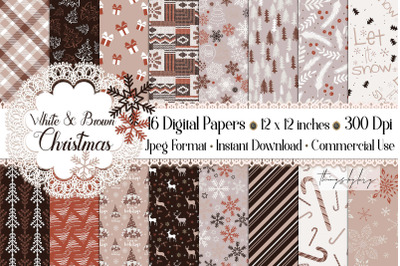 16 Seamless White and Brown Christmas Winter Digital Papers