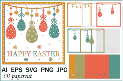 Holiday card template, Easter eggs, paper cut, SVG