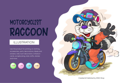 Cartoon Raccoon Motorcyclist. T-Shirt, PNG, SVG.