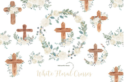 White Floral Easter Cross Clipart&2C; Greenery Floral