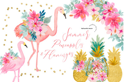Summer Pineapples and Flamingos Clipart, Tropical Clip Art