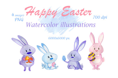 Watercolor drawings of Easter bunnies