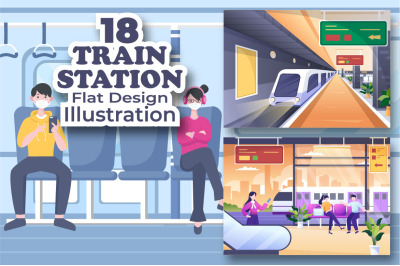 18 Train Station Flat Design Illustration