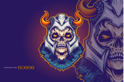 Scary Military viking skull head horn illustration