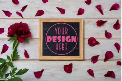 Black square chalkboard frame mockup with burgundy peony and petals.