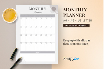 Monthly Planner PDF | Month On One Page A5 | US Letter