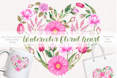 Watercolor floral heart / Watercolor Print and Clip Art