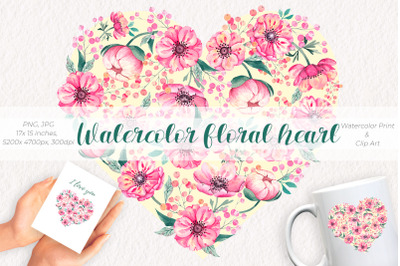 Watercolor floral heart / Watercolor Print and Clip Art