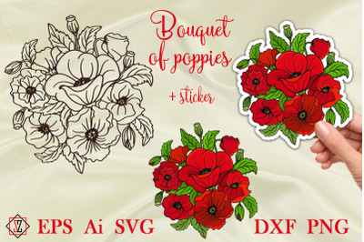 Bouquet of poppies + sticker. SVG