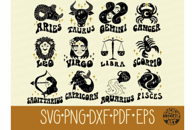 Zodiac Signs SVG bundle, Astrology, Horoscope, Birthday Signs, Groovy