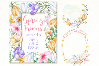 Spring flowers watercolor clipart bundle | crocus frame png