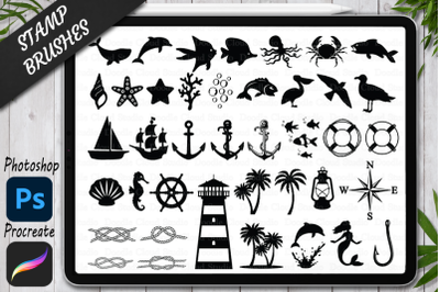 Nautical Stamps Brushes for Procreate and Photoshop. Nautical Theme.