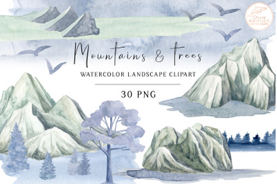 Watercolor Mountains Clipart. Forest Trees Blue Landscape PNG